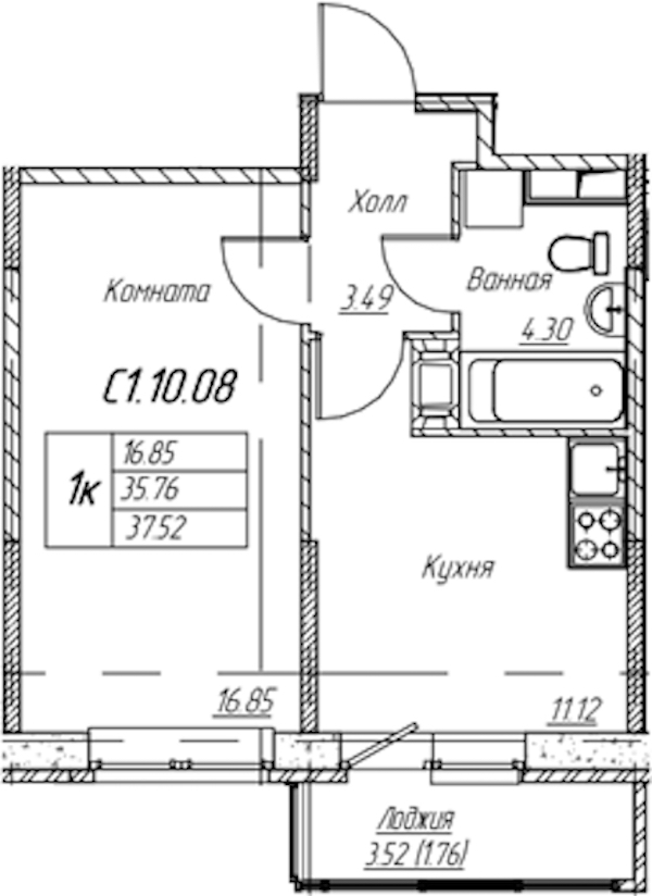 1-комнатная квартира 37.52 м², 10/22 эт., ЖК «Парк-квартал Юнтолово»